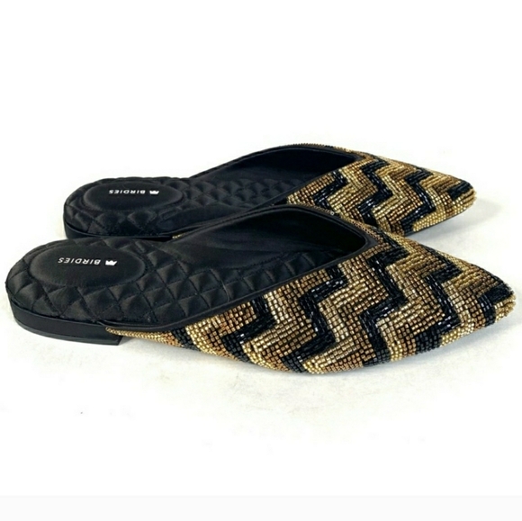 Birdies The Swan Beaded Art Deco Chevron Mule Flat in Black & Gold NEW Size 10.5 - Picture 3 of 9